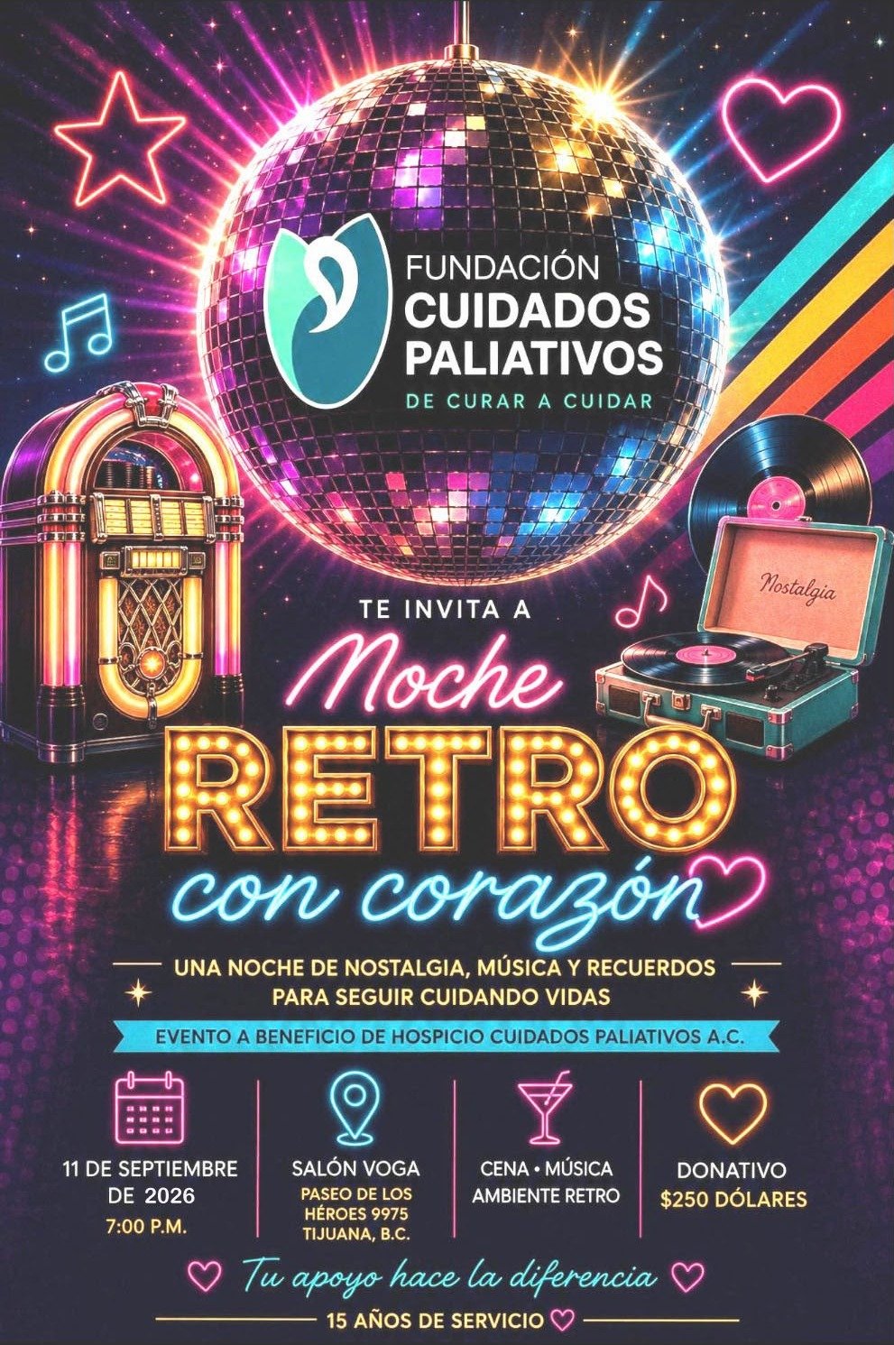 Noche Retro con Corazón · 11 de septiembre de 2026 · Salón Voga, Tijuana