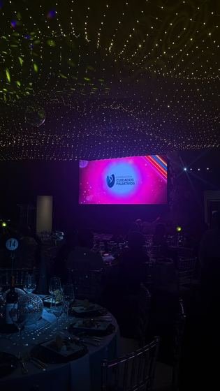 Vista del salón con el techo de luces y la pantalla al fondo