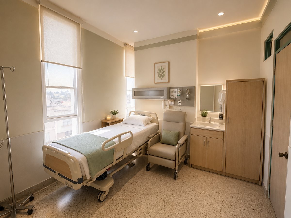 Visualización de una habitación terminada, con cama de hospital y sillón para el acompañante