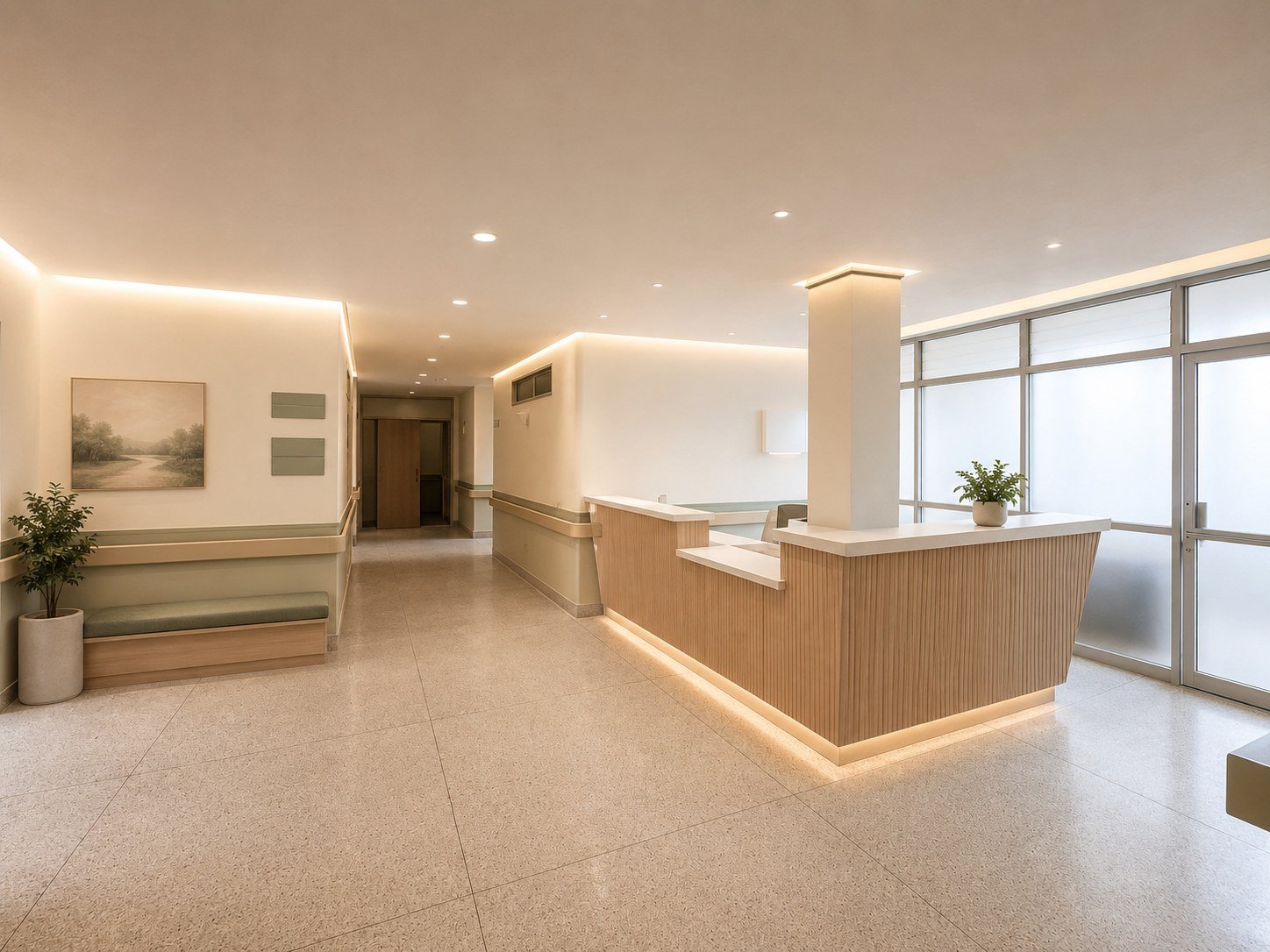 Visualización de la recepción terminada: iluminación cálida, plantas y mostrador de madera
