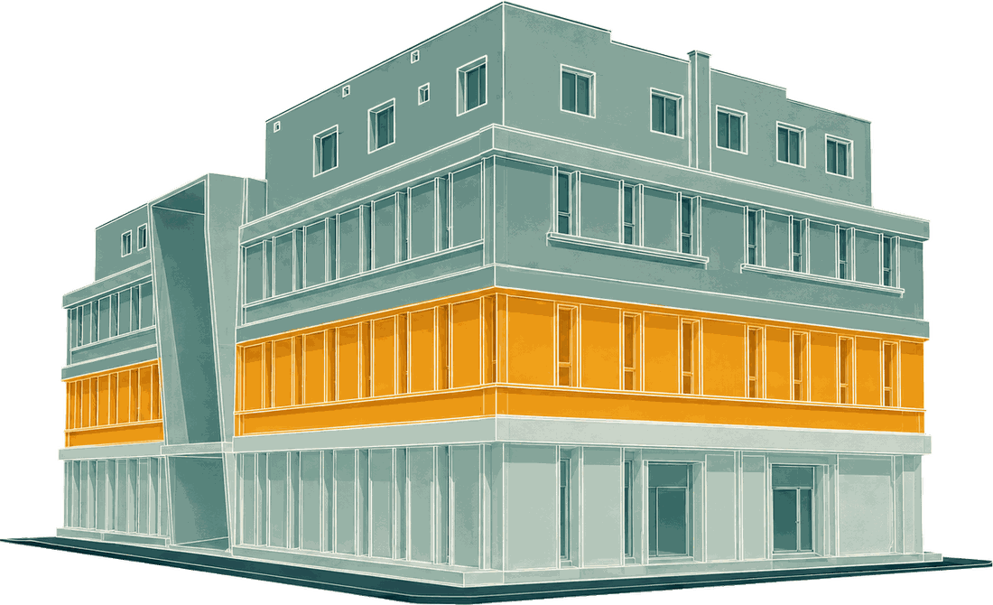 Ilustración del edificio del hospicio: el segundo piso destacado en ámbar como la etapa en curso